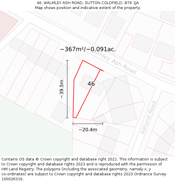 46, WALMLEY ASH ROAD, SUTTON COLDFIELD, B76 1JA: Plot and title map