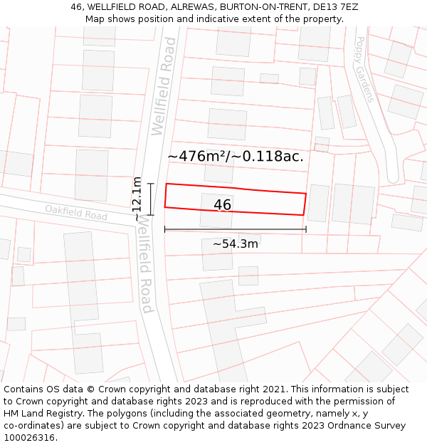 46, WELLFIELD ROAD, ALREWAS, BURTON-ON-TRENT, DE13 7EZ: Plot and title map