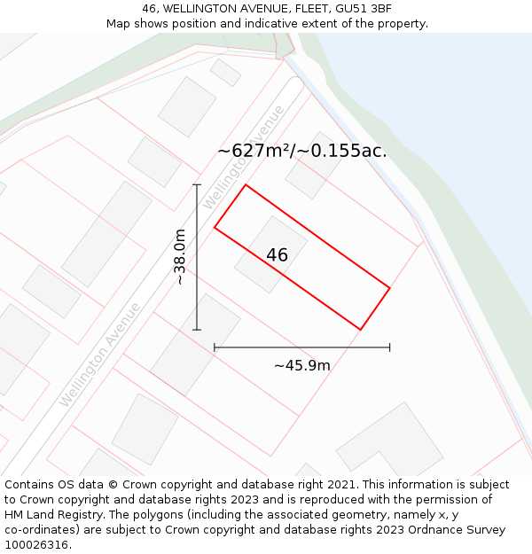 46, WELLINGTON AVENUE, FLEET, GU51 3BF: Plot and title map