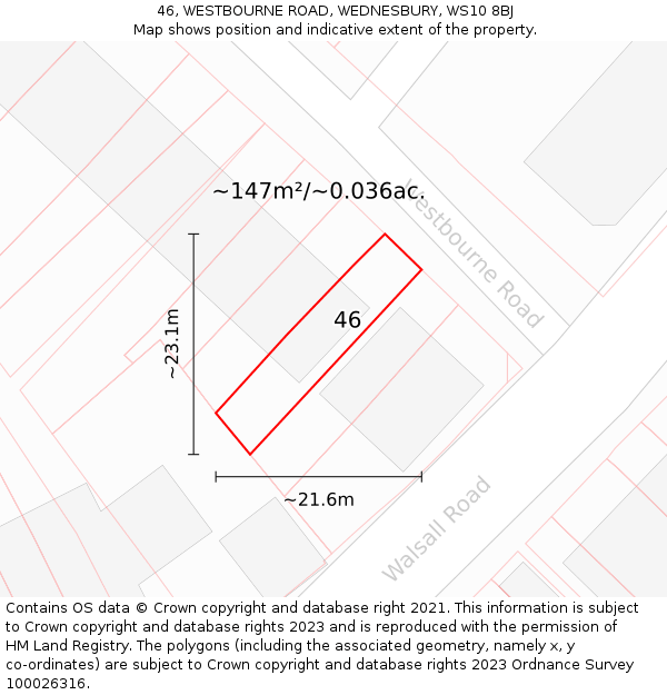 46, WESTBOURNE ROAD, WEDNESBURY, WS10 8BJ: Plot and title map