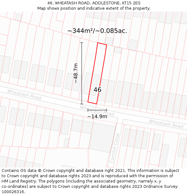 46, WHEATASH ROAD, ADDLESTONE, KT15 2ES: Plot and title map