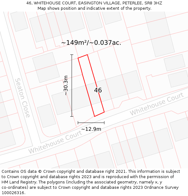 46, WHITEHOUSE COURT, EASINGTON VILLAGE, PETERLEE, SR8 3HZ: Plot and title map