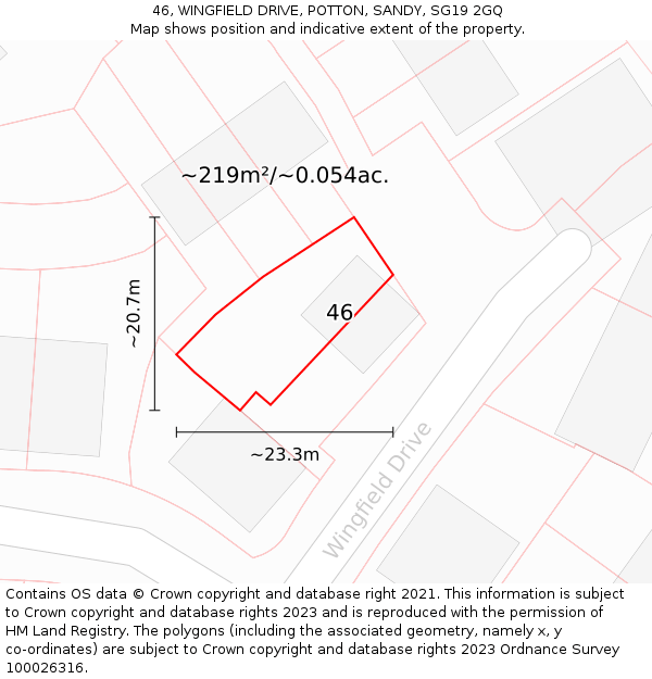 46, WINGFIELD DRIVE, POTTON, SANDY, SG19 2GQ: Plot and title map