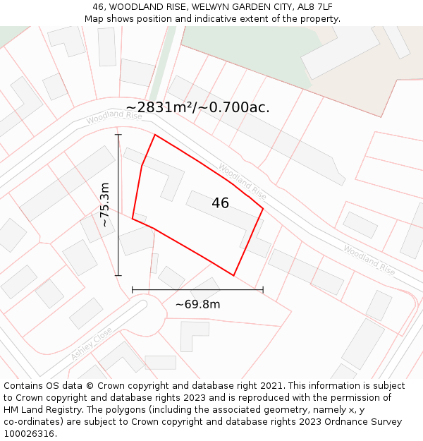 46, WOODLAND RISE, WELWYN GARDEN CITY, AL8 7LF: Plot and title map