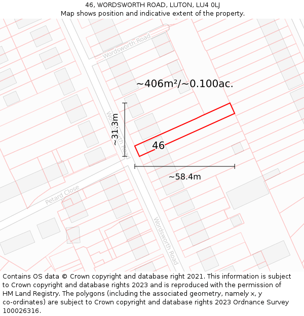 46, WORDSWORTH ROAD, LUTON, LU4 0LJ: Plot and title map