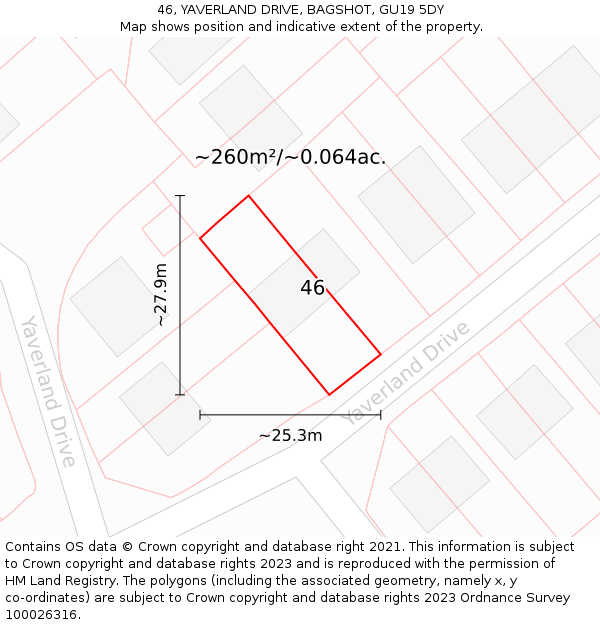 46, YAVERLAND DRIVE, BAGSHOT, GU19 5DY: Plot and title map