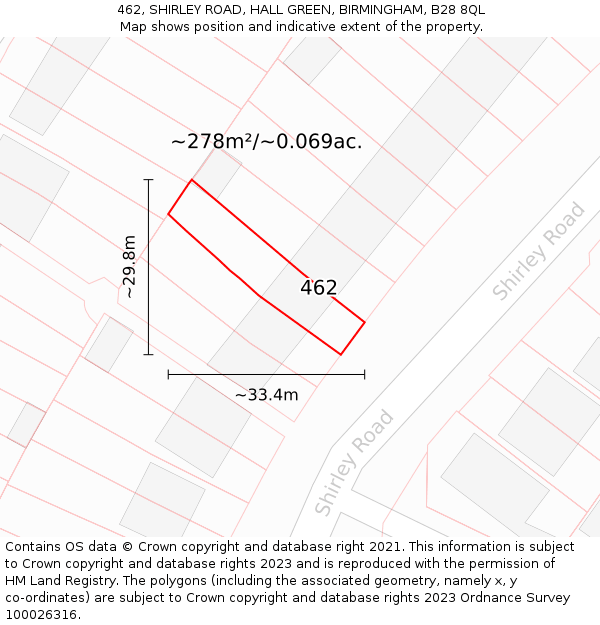 462, SHIRLEY ROAD, HALL GREEN, BIRMINGHAM, B28 8QL: Plot and title map