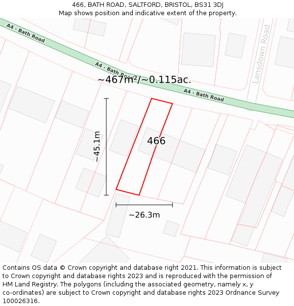 466, BATH ROAD, SALTFORD, BRISTOL, BS31 3DJ: Plot and title map