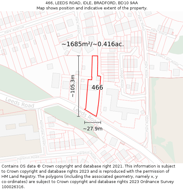 466, LEEDS ROAD, IDLE, BRADFORD, BD10 9AA: Plot and title map