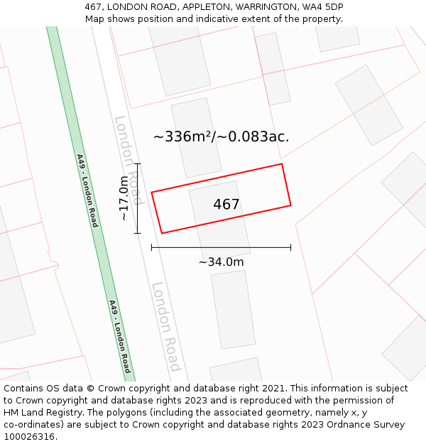 467, LONDON ROAD, APPLETON, WARRINGTON, WA4 5DP: Plot and title map