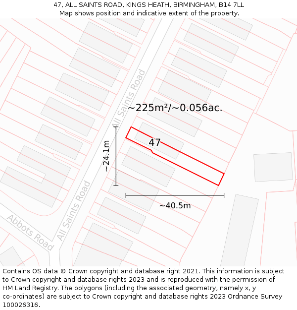 47, ALL SAINTS ROAD, KINGS HEATH, BIRMINGHAM, B14 7LL: Plot and title map