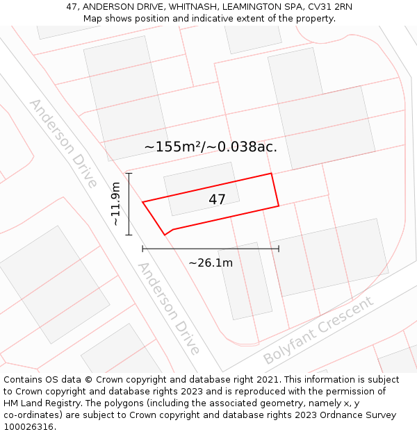 47, ANDERSON DRIVE, WHITNASH, LEAMINGTON SPA, CV31 2RN: Plot and title map