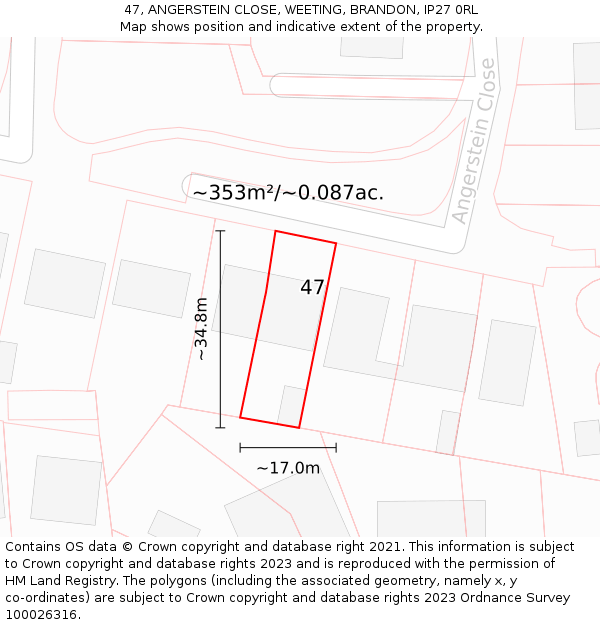 47, ANGERSTEIN CLOSE, WEETING, BRANDON, IP27 0RL: Plot and title map