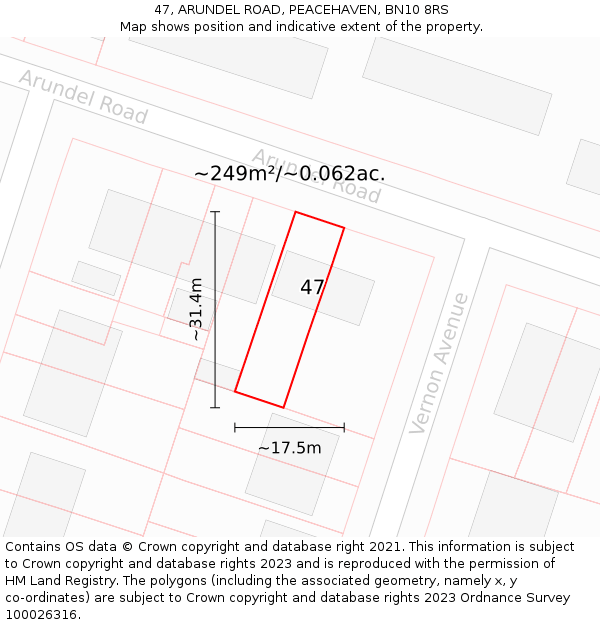 47, ARUNDEL ROAD, PEACEHAVEN, BN10 8RS: Plot and title map