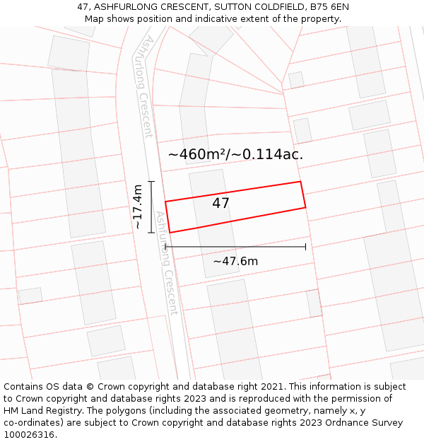 47, ASHFURLONG CRESCENT, SUTTON COLDFIELD, B75 6EN: Plot and title map