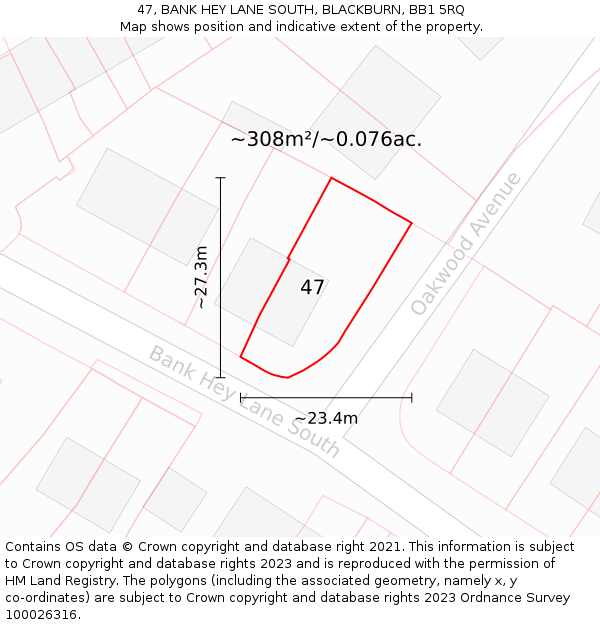 47, BANK HEY LANE SOUTH, BLACKBURN, BB1 5RQ: Plot and title map