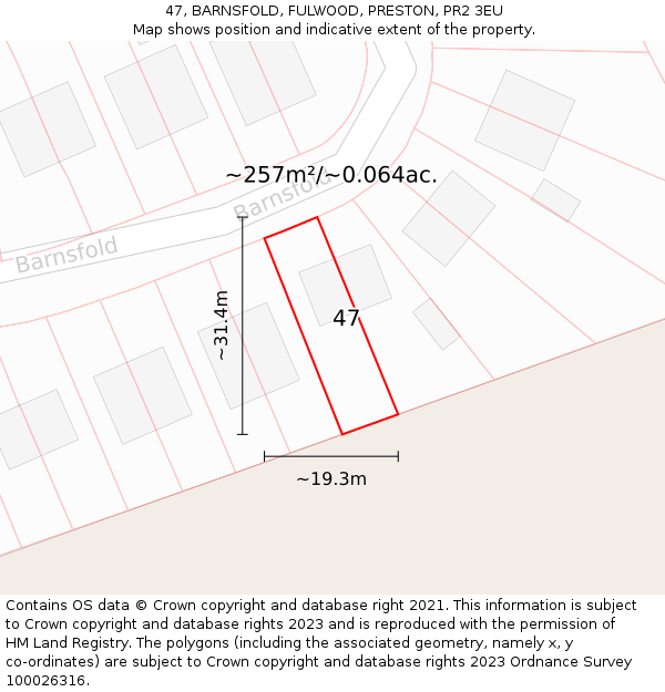 47, BARNSFOLD, FULWOOD, PRESTON, PR2 3EU: Plot and title map