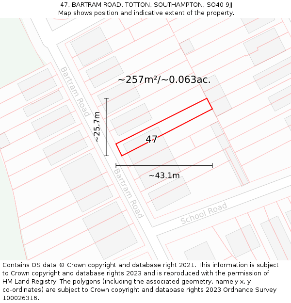 47, BARTRAM ROAD, TOTTON, SOUTHAMPTON, SO40 9JJ: Plot and title map