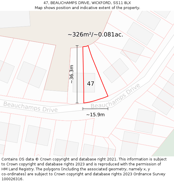 47, BEAUCHAMPS DRIVE, WICKFORD, SS11 8LX: Plot and title map