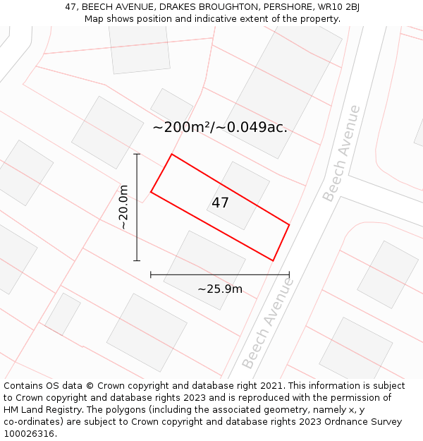 47, BEECH AVENUE, DRAKES BROUGHTON, PERSHORE, WR10 2BJ: Plot and title map