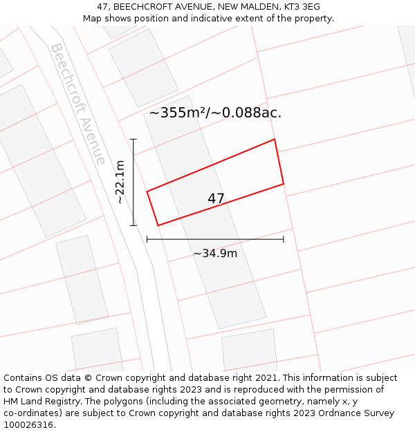 47, BEECHCROFT AVENUE, NEW MALDEN, KT3 3EG: Plot and title map