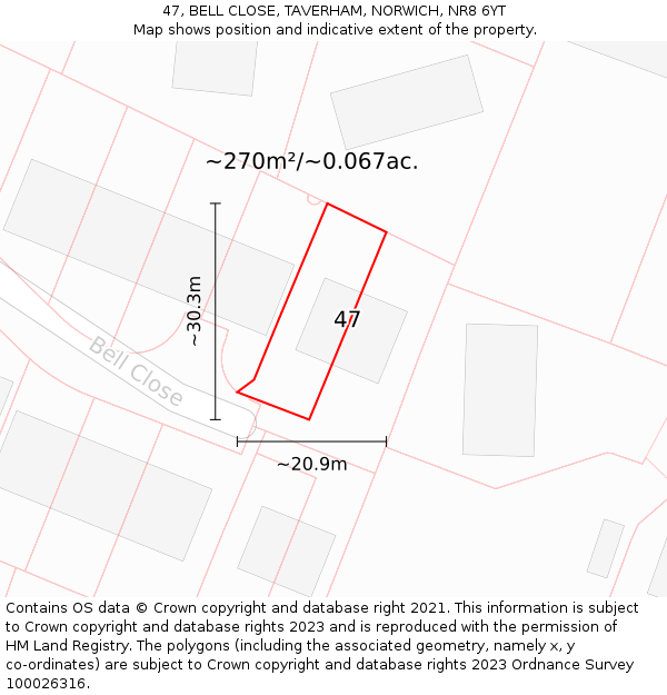 47, BELL CLOSE, TAVERHAM, NORWICH, NR8 6YT: Plot and title map