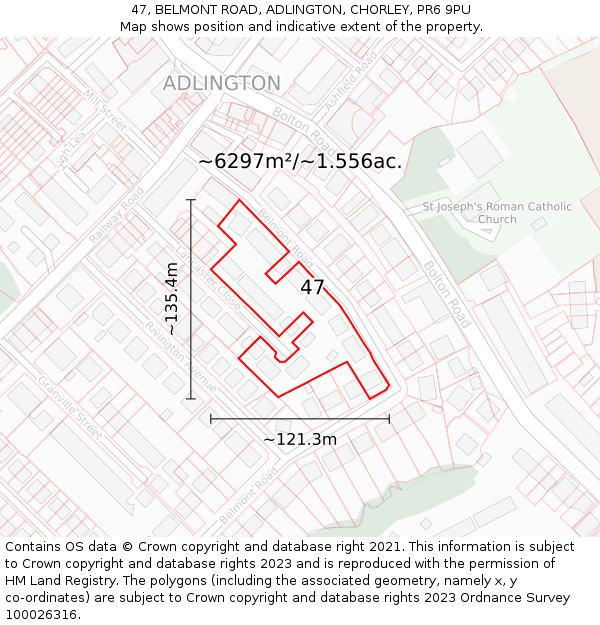 47, BELMONT ROAD, ADLINGTON, CHORLEY, PR6 9PU: Plot and title map