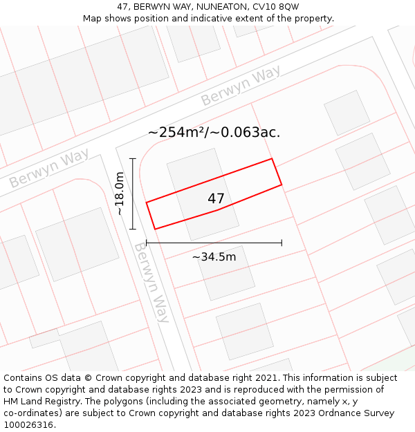 47, BERWYN WAY, NUNEATON, CV10 8QW: Plot and title map