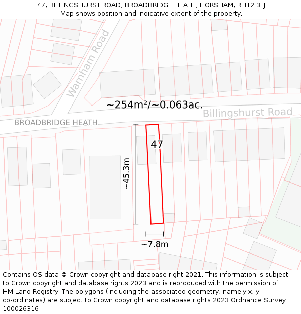 47, BILLINGSHURST ROAD, BROADBRIDGE HEATH, HORSHAM, RH12 3LJ: Plot and title map