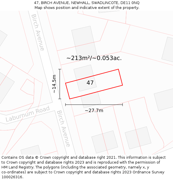 47, BIRCH AVENUE, NEWHALL, SWADLINCOTE, DE11 0NQ: Plot and title map