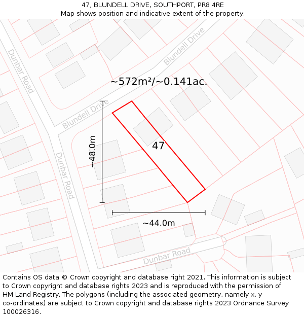 47, BLUNDELL DRIVE, SOUTHPORT, PR8 4RE: Plot and title map