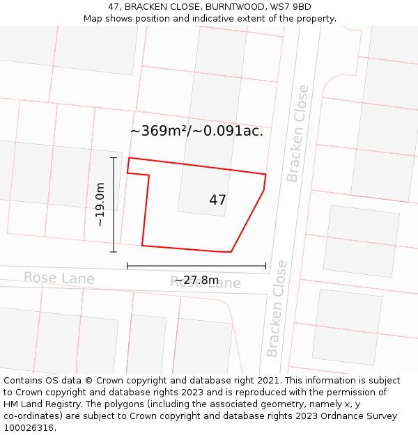 47, BRACKEN CLOSE, BURNTWOOD, WS7 9BD: Plot and title map