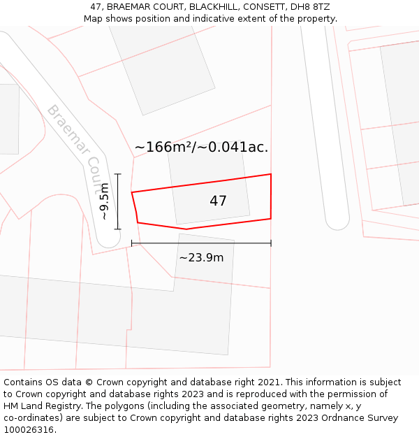 47, BRAEMAR COURT, BLACKHILL, CONSETT, DH8 8TZ: Plot and title map