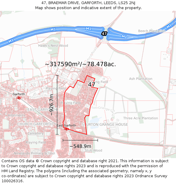 47, BRAEMAR DRIVE, GARFORTH, LEEDS, LS25 2NJ: Plot and title map