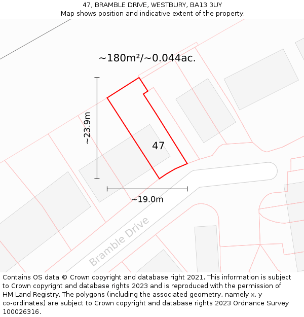 47, BRAMBLE DRIVE, WESTBURY, BA13 3UY: Plot and title map