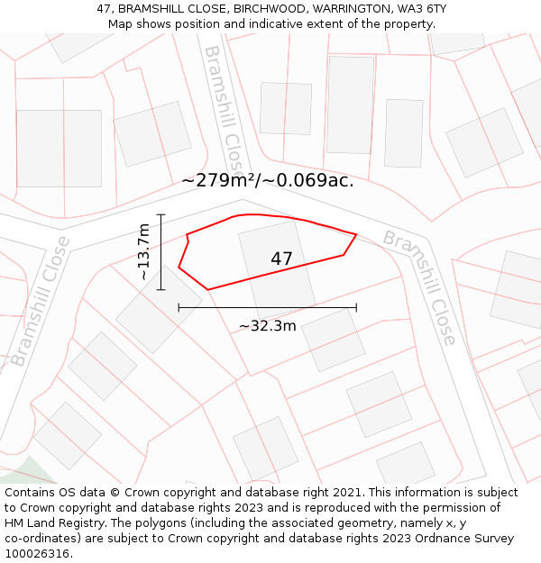 47, BRAMSHILL CLOSE, BIRCHWOOD, WARRINGTON, WA3 6TY: Plot and title map