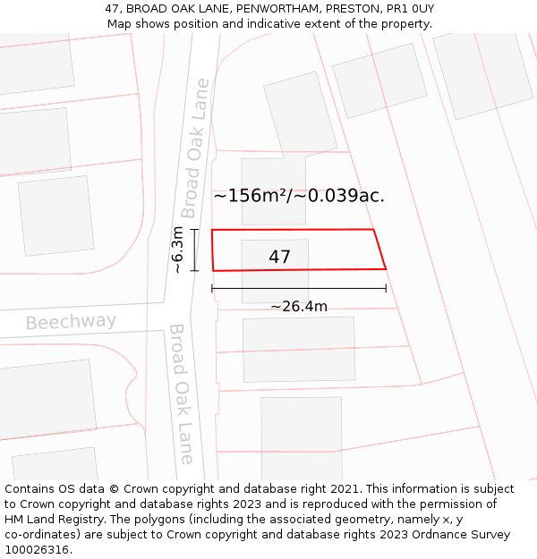 47, BROAD OAK LANE, PENWORTHAM, PRESTON, PR1 0UY: Plot and title map