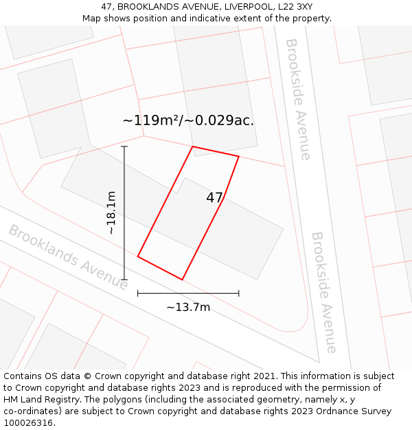 47, BROOKLANDS AVENUE, LIVERPOOL, L22 3XY: Plot and title map