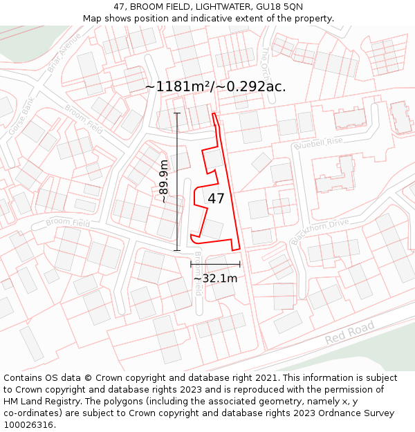 47, BROOM FIELD, LIGHTWATER, GU18 5QN: Plot and title map