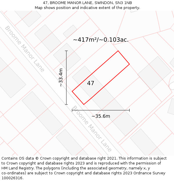 47, BROOME MANOR LANE, SWINDON, SN3 1NB: Plot and title map