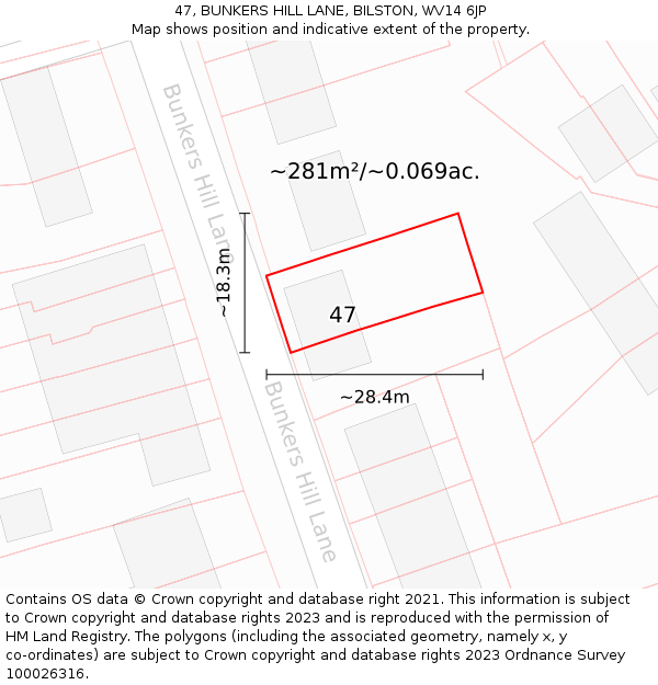 47, BUNKERS HILL LANE, BILSTON, WV14 6JP: Plot and title map