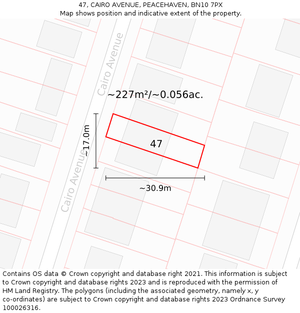 47, CAIRO AVENUE, PEACEHAVEN, BN10 7PX: Plot and title map