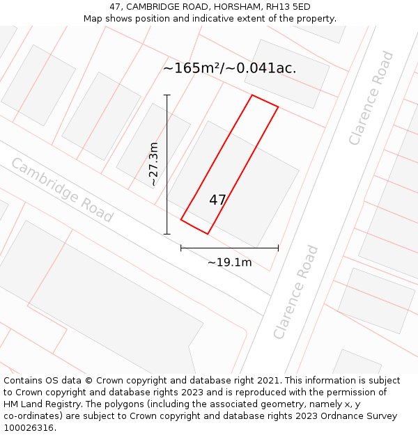 47, CAMBRIDGE ROAD, HORSHAM, RH13 5ED: Plot and title map