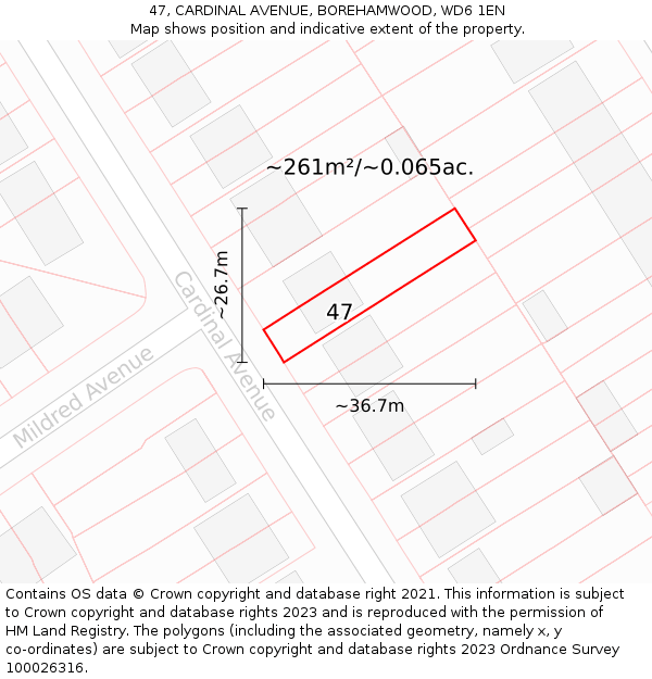 47, CARDINAL AVENUE, BOREHAMWOOD, WD6 1EN: Plot and title map