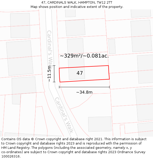 47, CARDINALS WALK, HAMPTON, TW12 2TT: Plot and title map