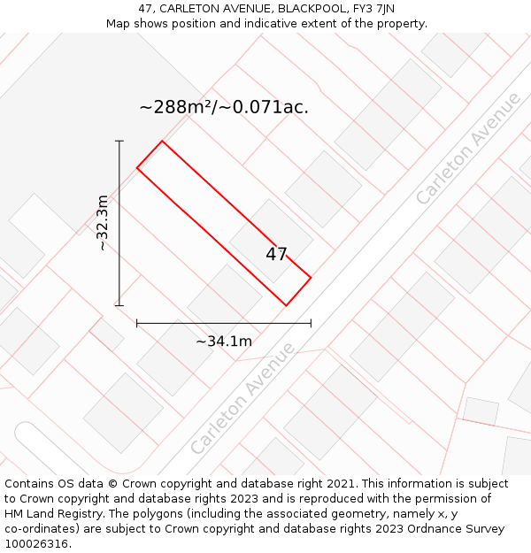 47, CARLETON AVENUE, BLACKPOOL, FY3 7JN: Plot and title map