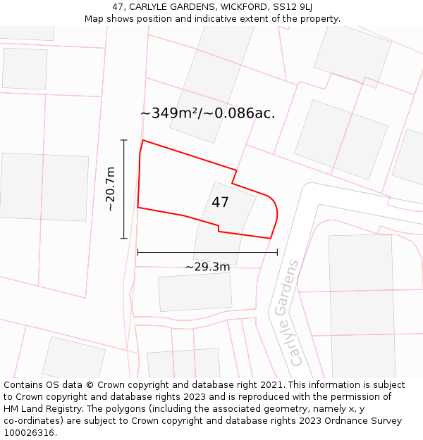 47, CARLYLE GARDENS, WICKFORD, SS12 9LJ: Plot and title map