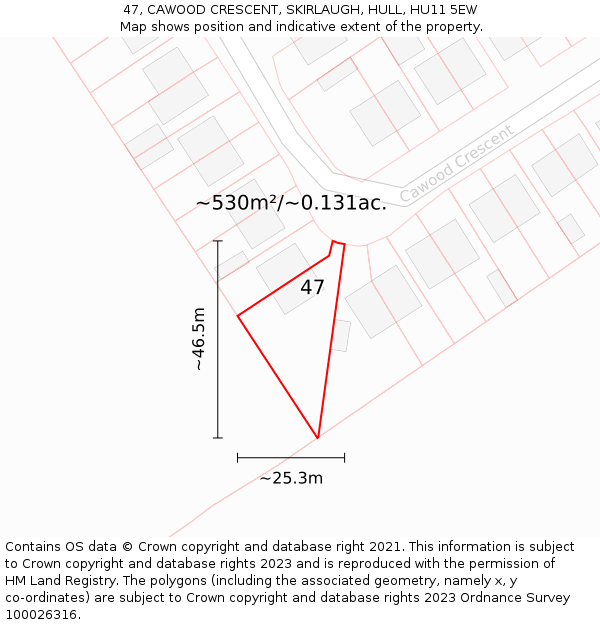 47, CAWOOD CRESCENT, SKIRLAUGH, HULL, HU11 5EW: Plot and title map