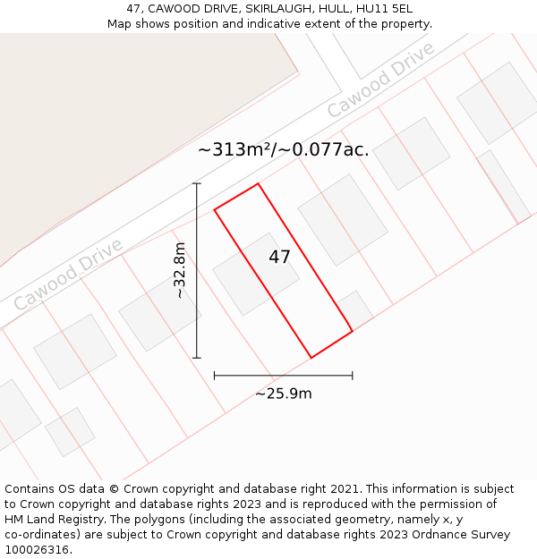 47, CAWOOD DRIVE, SKIRLAUGH, HULL, HU11 5EL: Plot and title map