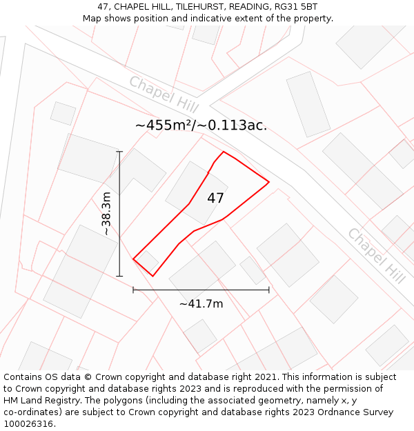 47, CHAPEL HILL, TILEHURST, READING, RG31 5BT: Plot and title map